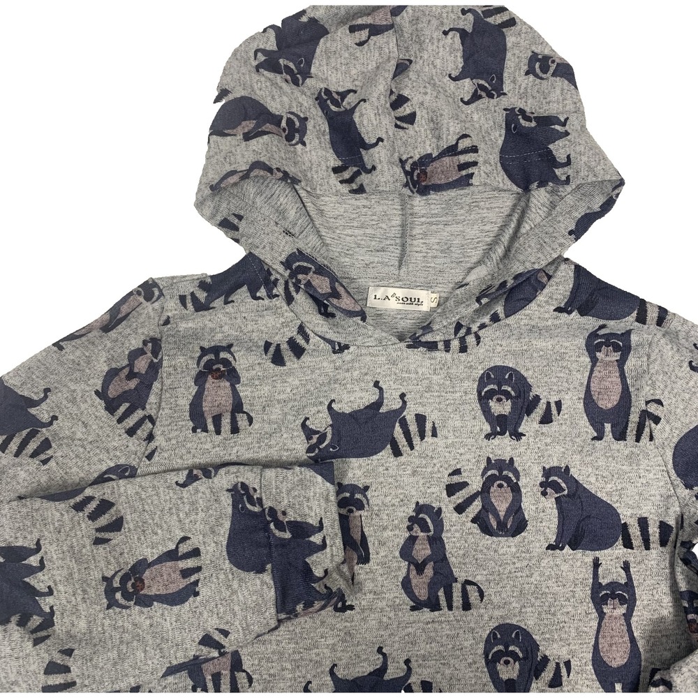 L.A. Soul Cotton Blend Pullover Hoodie Women's Small Heather Gray Racoon Print